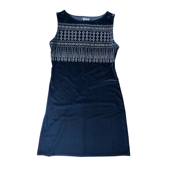 Whimsigoth Black Velvet Beaded Fringed Sleeveless Mini Dress Sz Medium goth ore - Picture 2 of 7